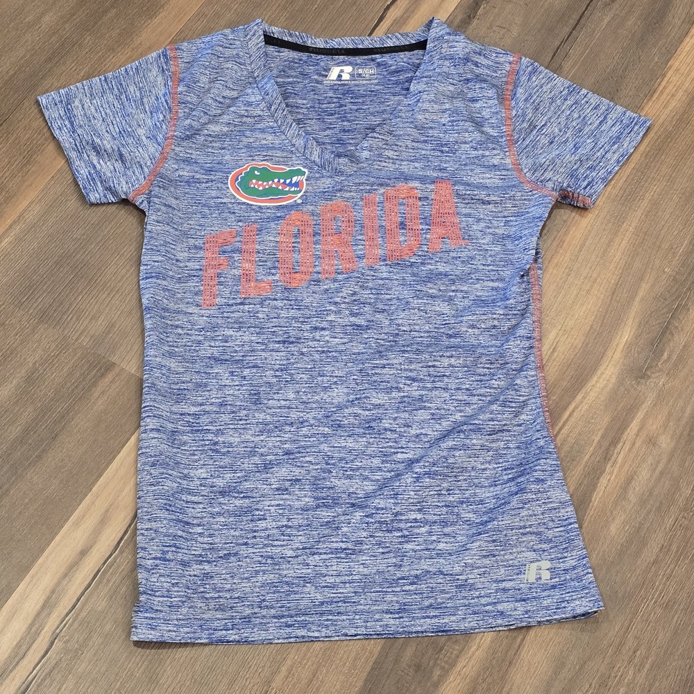 Florida Gators Russell Athletic Womens Cut V-Neck T Shirt‎ Blue Drifit Small 4/6